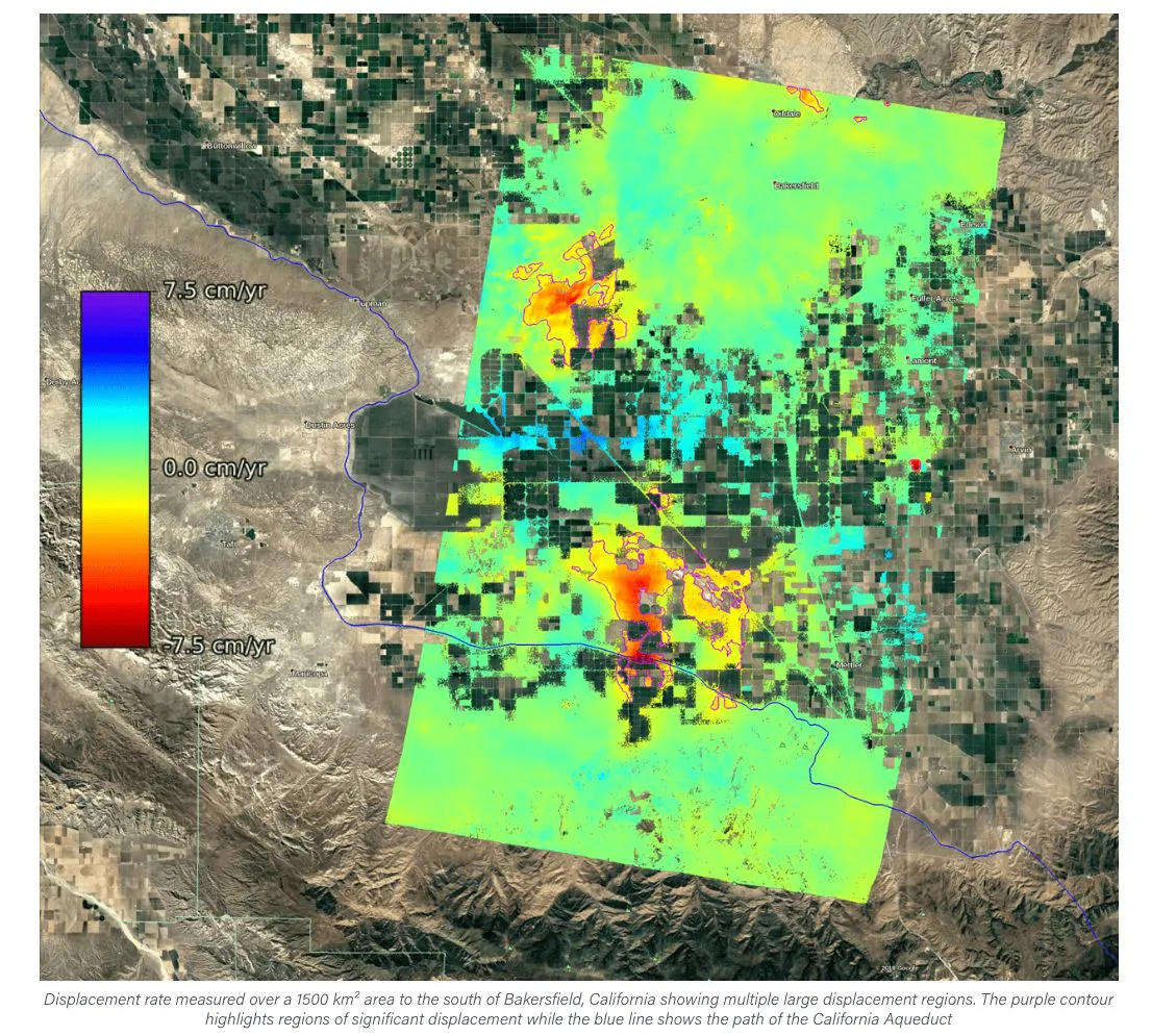 Displacement-rate map of the Tulare Lake Basin with the California aqueduct contour