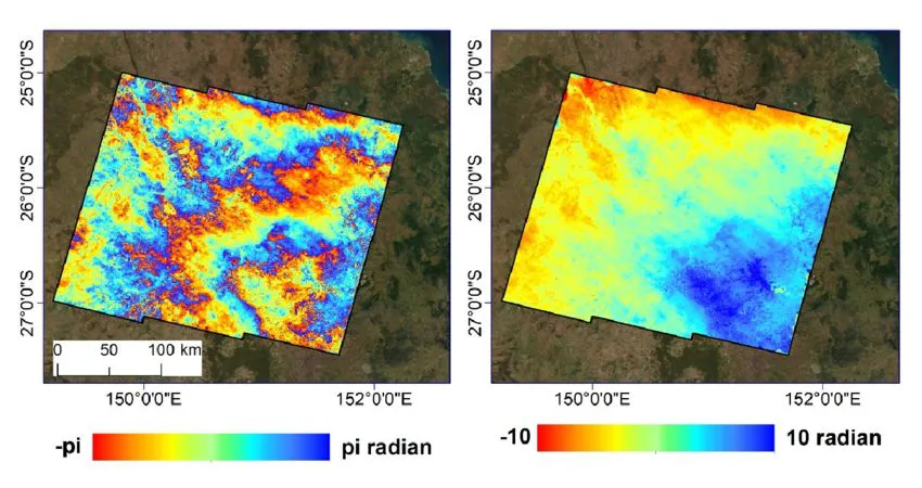 Wrapped and unwrapped interferogram pair with radian colorbars
