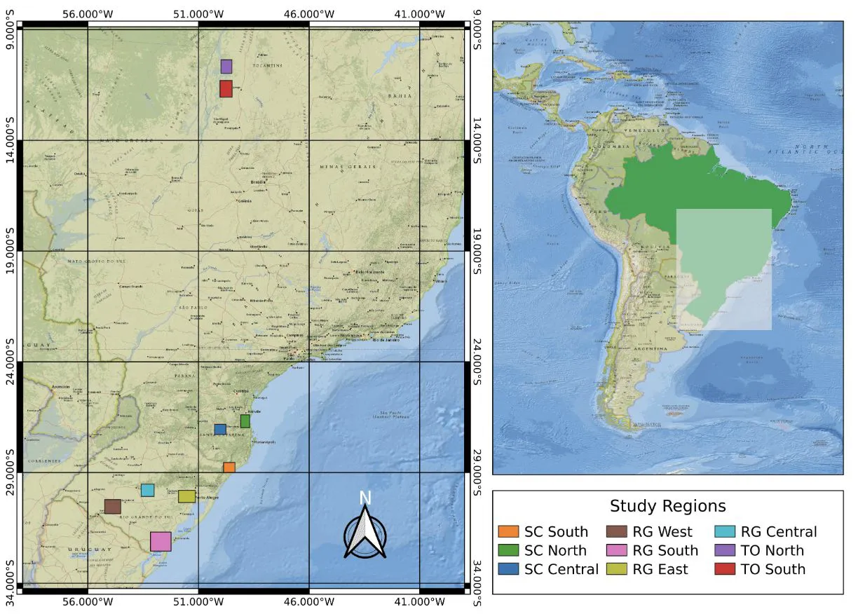 Map of the Brazil study area showing nine regions with inset